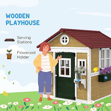 Outsunny Playhouse For Kids With Doors, Windows, Planter Pots And Boxes