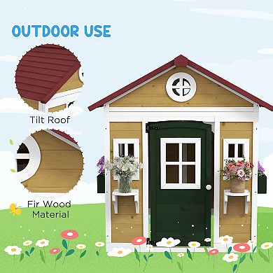 Outsunny Playhouse For Kids With Doors, Windows, Planter Pots And Boxes