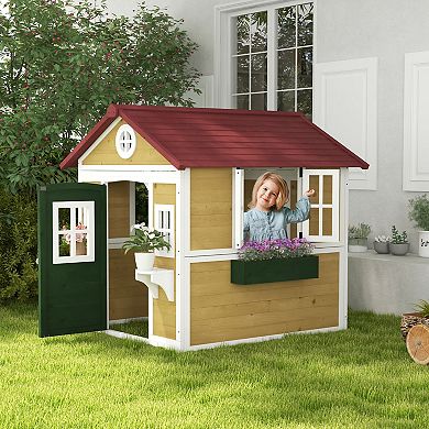 Outsunny Playhouse For Kids With Doors, Windows, Planter Pots And Boxes