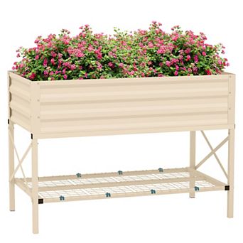 Outsunny Galvanized Raised Garden Bed With Legs And Storage Shelf, Cream