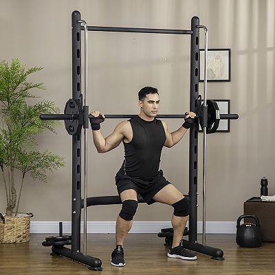 Soozier Adjustable Squat Rack With Pull Up Bar And Barbell Bar Bench Press