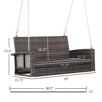 2 Person Wicker Porch Swing Chair, Hanging Patio Bench Seat, Grey