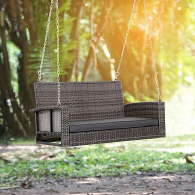 2 Person Wicker Porch Swing Chair, Hanging Patio Bench Seat, Grey