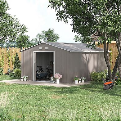 Outsunny 11' x 13' Storage Shed Garden Tool House w/ Vents Doors Gray