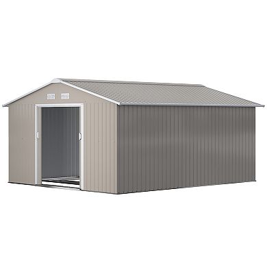 Outsunny 11' x 13' Storage Shed Garden Tool House w/ Vents Doors Gray