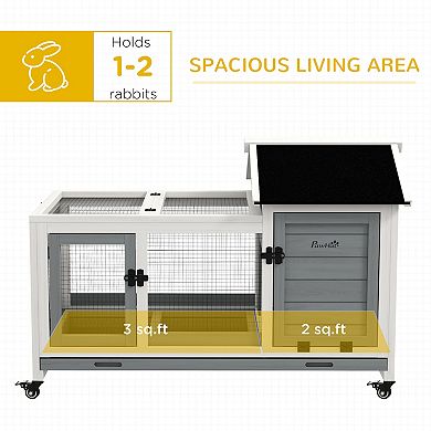 Pawhut Wooden Rabbit Hutch With Wheels For Small Animals, Guinea Pig, Gray