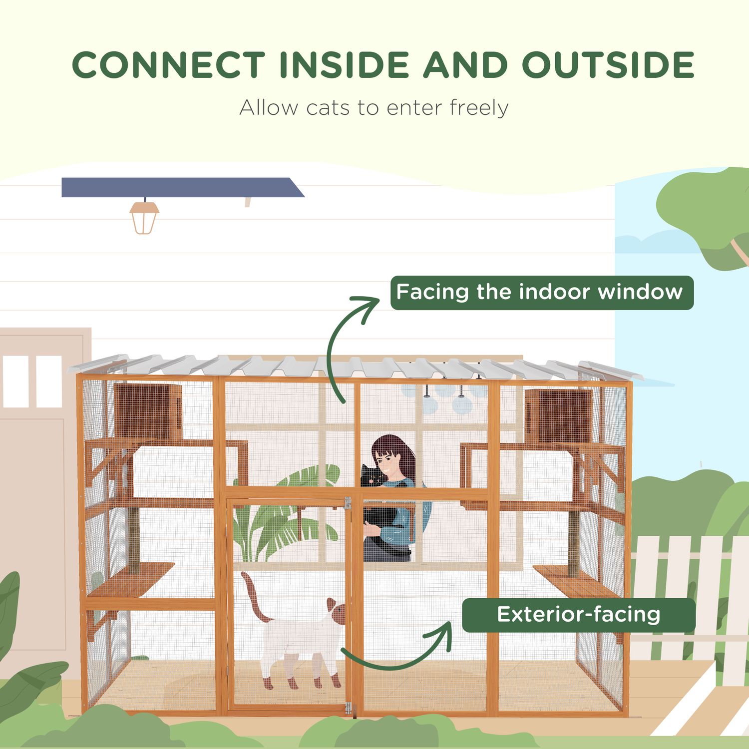 Outdoor Cat Enclosure With Scratching Post - Large Catio With Platforms & 2 Condos