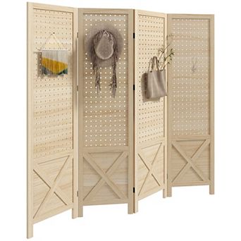 4 Panel Pegboard Display Room Divider, 4.7' Tall Wood Privacy Screen, Natural