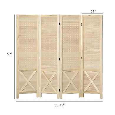 4 Panel Pegboard Display Room Divider, 4.7' Tall Wood Privacy Screen, Natural