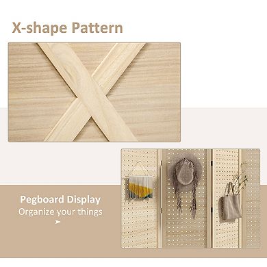 4 Panel Pegboard Display Room Divider, 4.7' Tall Wood Privacy Screen, Natural