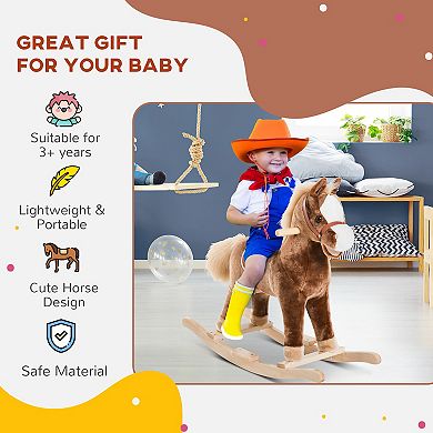 Kids Rocking Horse, Plush Toddler Rocker, Wooden Base Ride On Toy For Kids 36m+