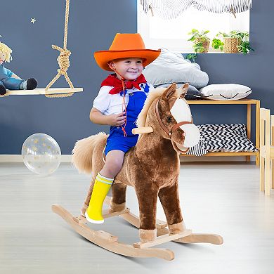Kids Rocking Horse, Plush Toddler Rocker, Wooden Base Ride On Toy For Kids 36m+