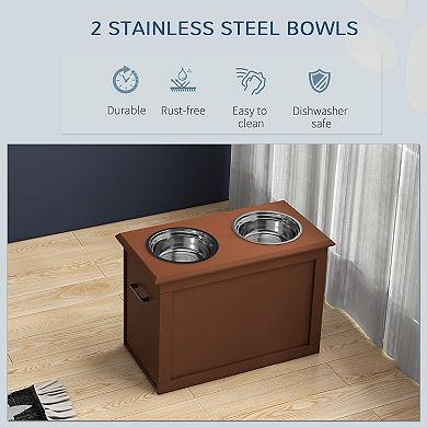 Pawhut Raised Bowl Dog Feeder With 2 Steel Bowls And Storage, Brown