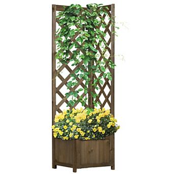 Outsunny Raised Garden Bed, Wooden Planter With Trellis For Vine Climbing