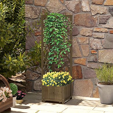 Outsunny Raised Garden Bed, Wooden Planter With Trellis For Vine Climbing