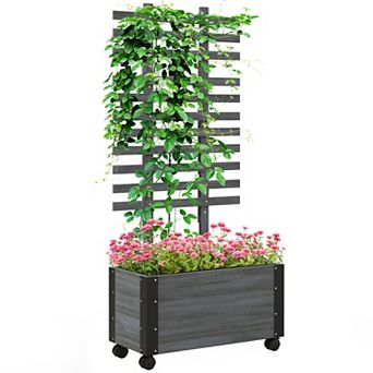 Outsunny Raised Garden Bed, Wooden Planter With Trellis And Wheels, Gray