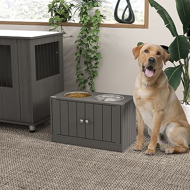Pawhut Magnetic-door Dog Food Storage Cabinet & Dog Feeding Station, Gray