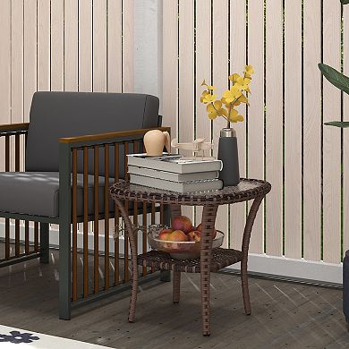 Rattan Coffee Table Outdoor With Storage Shelf, Mix Brown