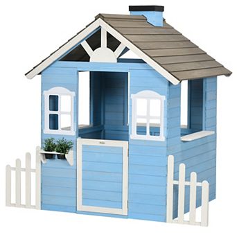 Outsunny Wooden Playhouse For Kids Outdoor With Flower Pot Holders, Blue