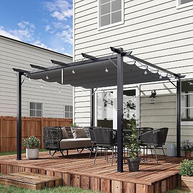 10' X 10' Outdoor Patio Pergola, Retractable Canopy, Backyard Shade, Gray