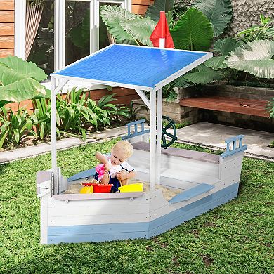 Outsunny Wooden Sandbox With Uv-resistant Canopy W/ Bench Seats