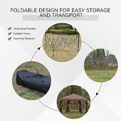 Outsunny 13' x 13' Pop Up Hexagonal Canopy Tent w/ Mesh Sidewalls, Brown