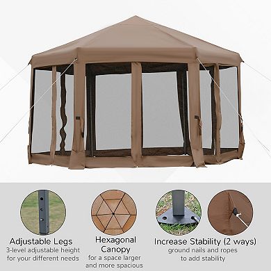 Outsunny 13' x 13' Pop Up Hexagonal Canopy Tent w/ Mesh Sidewalls, Brown