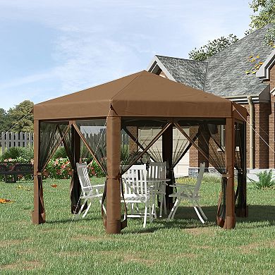 Outsunny 13' x 13' Pop Up Hexagonal Canopy Tent w/ Mesh Sidewalls, Brown
