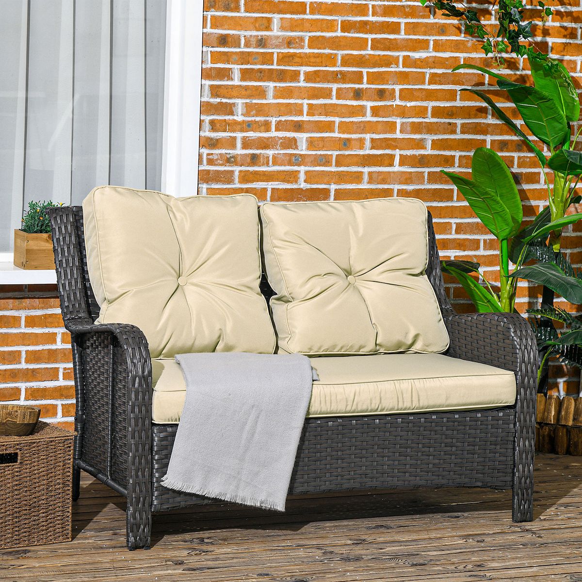 Outdoor loveseat sofa with beige cushions and black woven frame