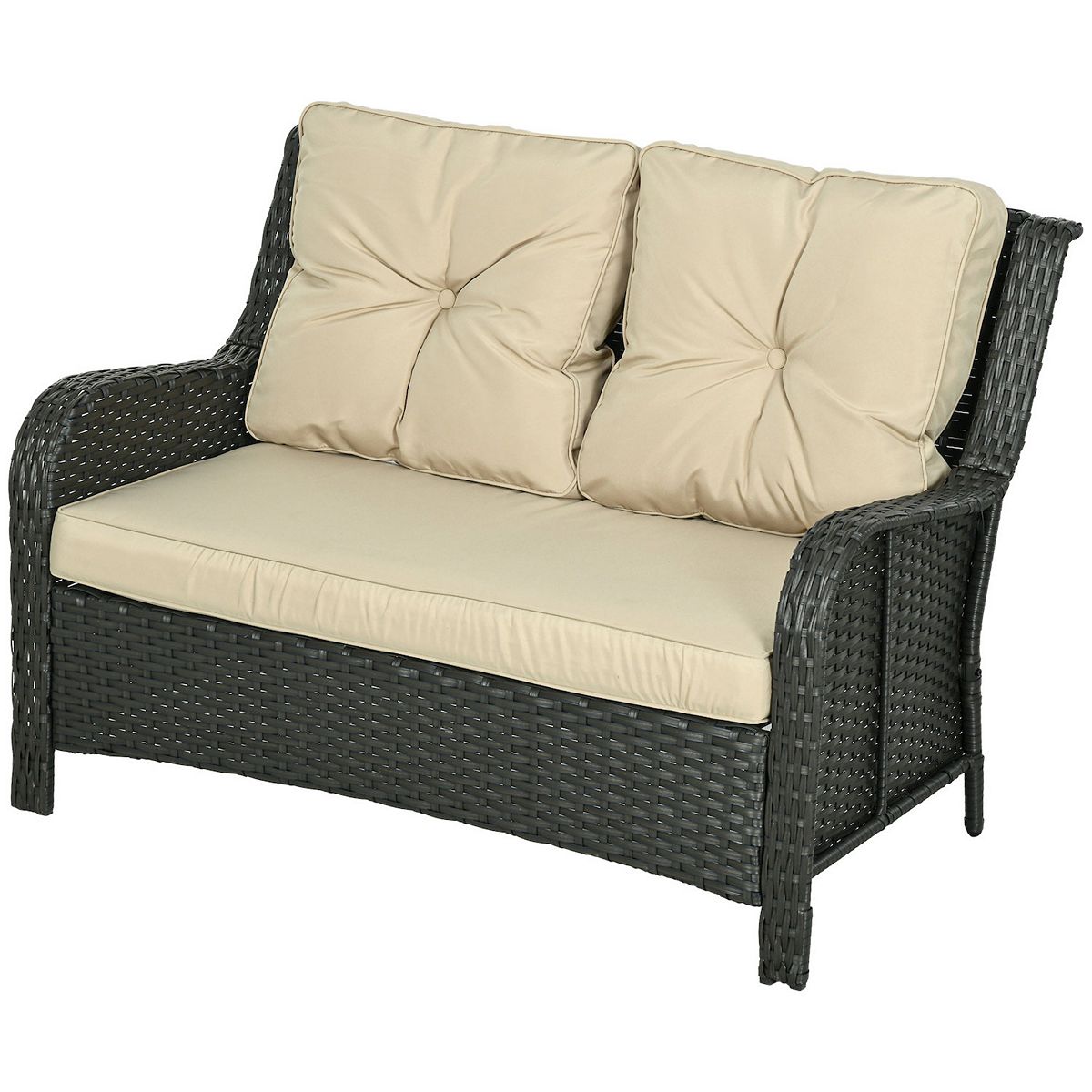 Outsunny 2-seater outdoor sofa with beige back cushions and black woven frame