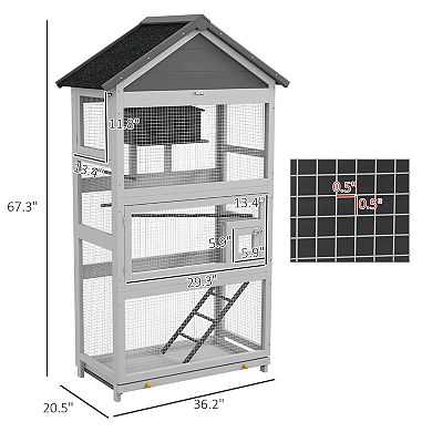 Pawhut Wooden Bird Aviary With Slide-out Tray, Birdhouse, Ladder, Perches