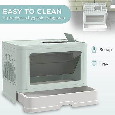 Cat Litter Box, Front Entry Top Exit Cat Litter Tray, Green