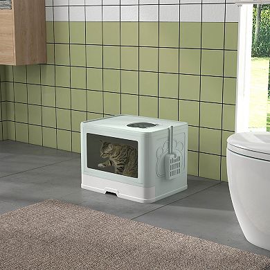 Cat Litter Box, Front Entry Top Exit Cat Litter Tray, Green