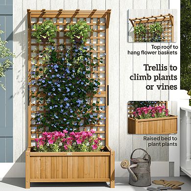 Outsunny Wood Raised Garden Bed Planter with Trellis & Roof