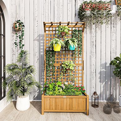 Outsunny Wood Raised Garden Bed Planter with Trellis & Roof