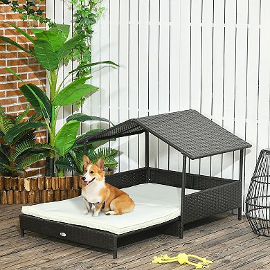 Pawhut Extendable Wicker Dog House Outdoor W/ Waterproof Roof, Cream White