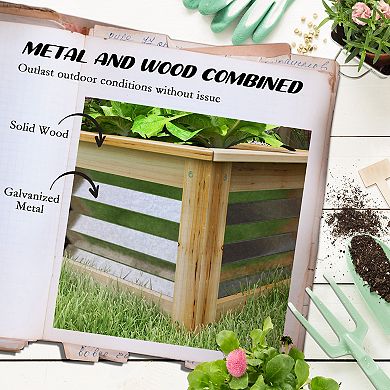 Outsunny Raised Garden Bed, Wood Reinforced Metal Planter Box, 2.6'