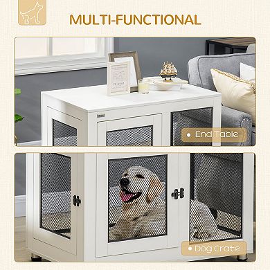 Dog Crate Furniture With Cushion, Double Doors For Large Dogs, White