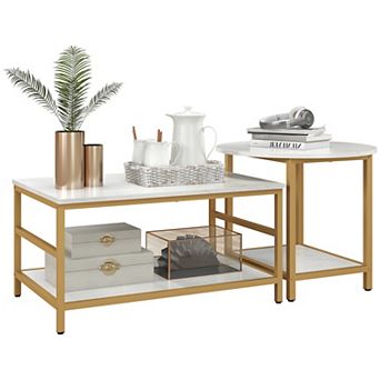 Homcom Coffee Tables Set Of 2 With Storage Shelves, Faux Marble Top