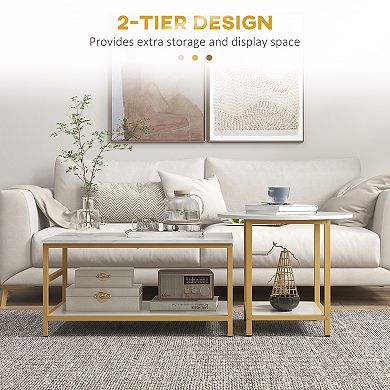 Homcom Coffee Tables Set Of 2 With Storage Shelves, Faux Marble Top