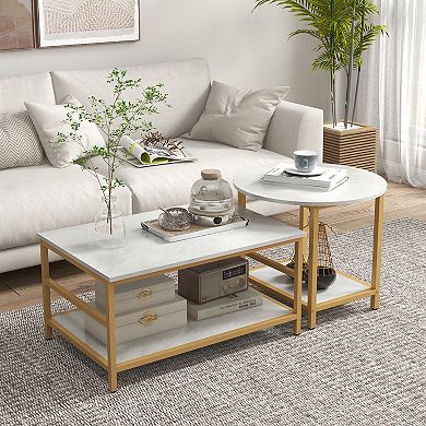 Homcom Coffee Tables Set Of 2 With Storage Shelves, Faux Marble Top
