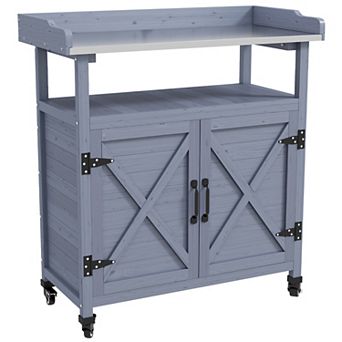 Outdoor Potting Bench With Storage, Aluminum Table Top, Wheels