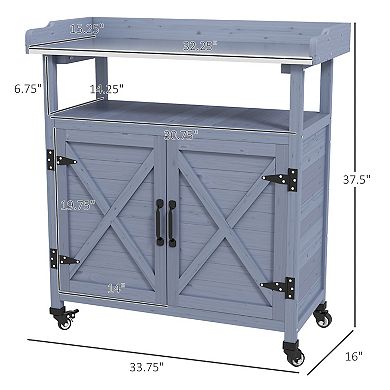 Outdoor Potting Bench With Storage, Aluminum Table Top, Wheels