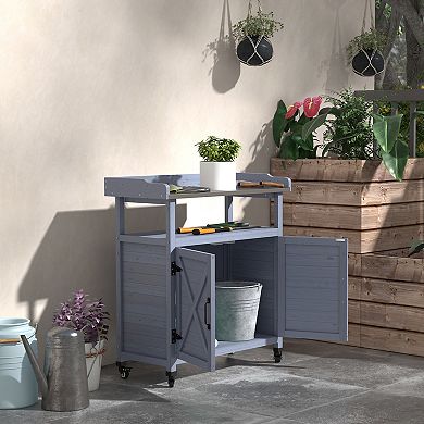 Outdoor Potting Bench With Storage, Aluminum Table Top, Wheels