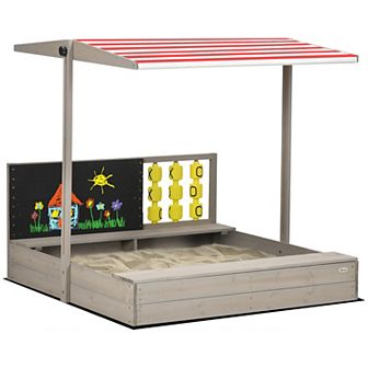 Outsunny Kids Wooden Sandbox W/ Canopy Bench Seats Outdoor Sand Box Gray