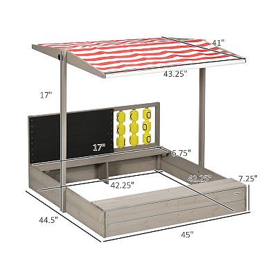 Outsunny Kids Wooden Sandbox W/ Canopy Bench Seats Outdoor Sand Box Gray