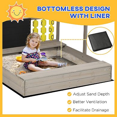 Outsunny Kids Wooden Sandbox W/ Canopy Bench Seats Outdoor Sand Box Gray