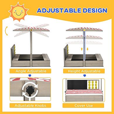Outsunny Kids Wooden Sandbox W/ Canopy Bench Seats Outdoor Sand Box Gray