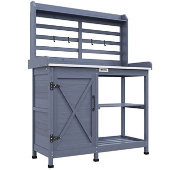Wooden Potting Bench With Storage, Aluminum Table Top, Gray