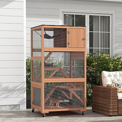 Catio Outdoor Cat Enclosure House On Wheels With Hammock, Orange
